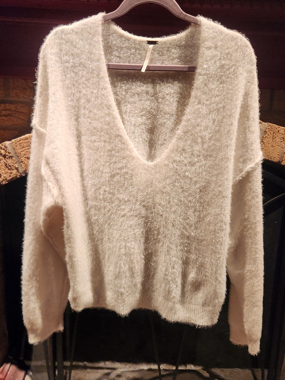 Free People Fuzzy V-Neck Sweater in Cream